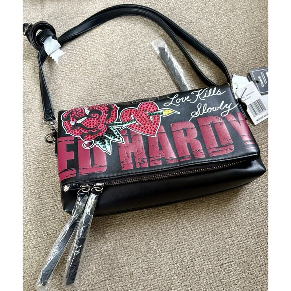 ED HARDY Love Kills Slowly BLK Rhinestone XBODY CLUTCH Rose Y2K Tattoo Skull - Picture 11 of 16